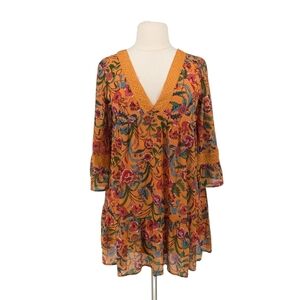01306 Flying Tomato Floral  V Neck Dress Orange Red L bohemian boho chic casual